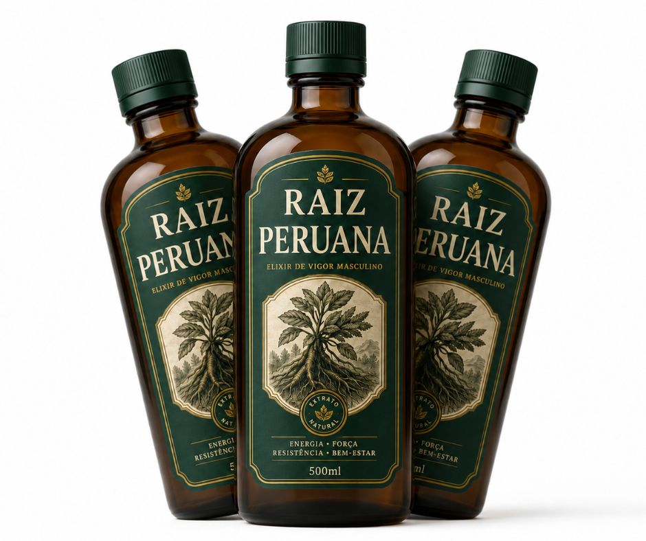Três frascos do suplemento Raiz Peruana em vidro âmbar com rótulo verde